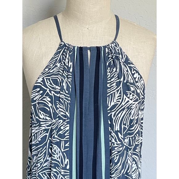 LOFT Blue White Palm Print Center Stripe - Picture 2 of 7